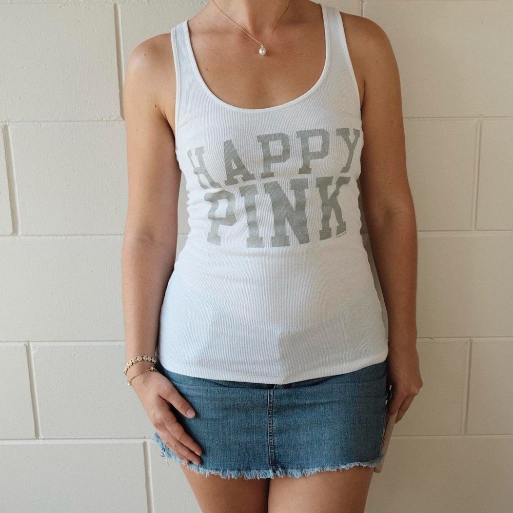 PINK Victoria's Secret White Tank with Gray Lettering